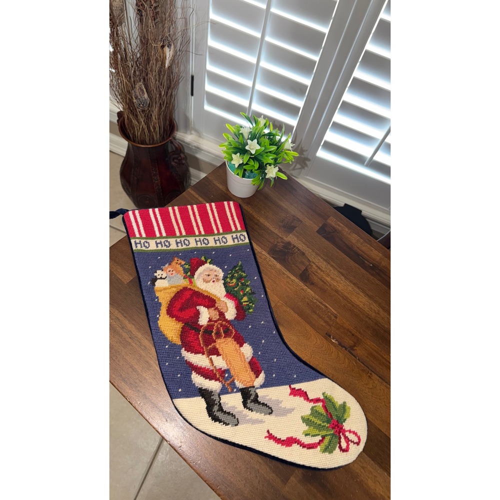 Vintage Wool Needlepoint Christmas Stocking Santa Claus Navy Blue Velvet Backing